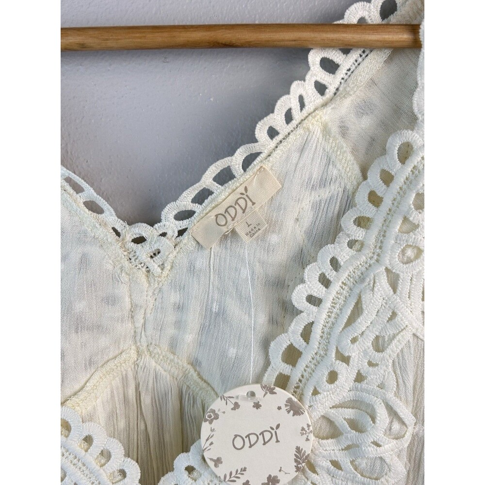 oddi Boho Babydoll Cream Crochet Lace V Neck Flowy Top SIze L NWT - Picture 2 of 8